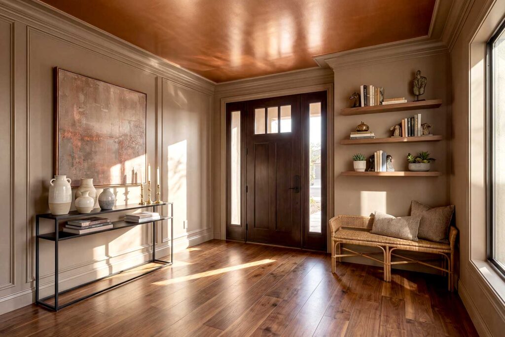 Entryway with Metallic Copper Ceiling Taupe Walls and Deep Espresso Door-4, ceiling painting, Painting a ceiling, Overhead painting, Ceiling paint application, Ceiling color transformation, Ceiling color updates