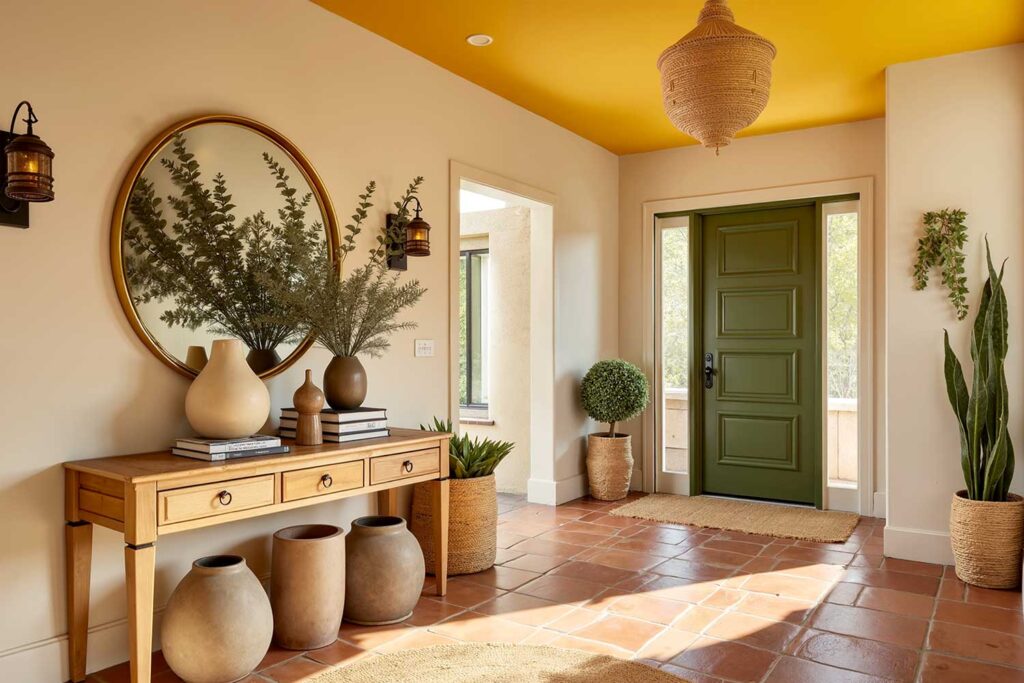 Entryway with Warm Alabaster Walls Bright Ochre Ceiling and Olive Green Door-3, ceiling painting, Painting a ceiling, Overhead painting, Ceiling paint application, Ceiling color transformation, Ceiling color updates
