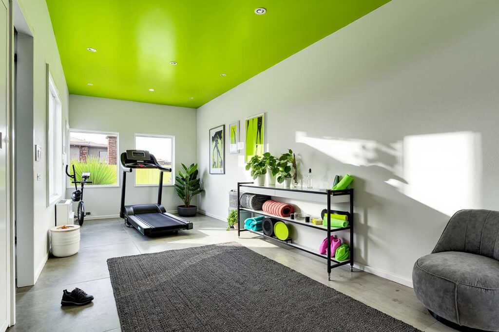 Exercise Room with Neon Green Ceiling White Walls and Trim-3, ceiling painting, Painting a ceiling, Overhead painting, Ceiling paint application, Ceiling color transformation, Ceiling color updates