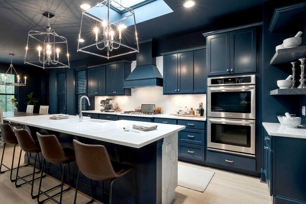 Gallery-Like Deep Slate Color Drenched Kitchen with Pale White Oak Floors-5, tonal paint technique, cohesive color interior, all-surface color painting, wraparound color design, floor-to-ceiling color scheme, saturated room painting, seamless color interior, whole-room color palette