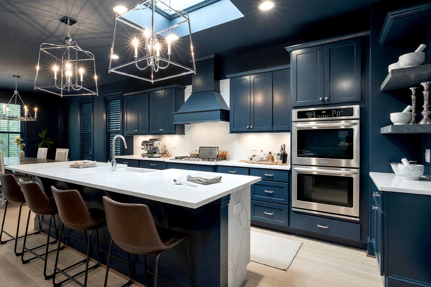 Gallery-Like Deep Slate Color Drenched Kitchen with Pale White Oak Floors-5, tonal paint technique, cohesive color interior, all-surface color painting, wraparound color design, floor-to-ceiling color scheme, saturated room painting, seamless color interior, whole-room color palette