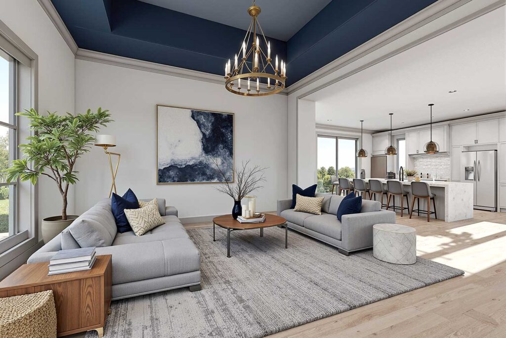Great Room with Greige Walls Greige Trim and Navy Blue High Ceiling-4, painted ceilings, Colored ceilings, Painted overhead spaces, Custom ceiling colors, Painted ceiling designs, Accent ceilings