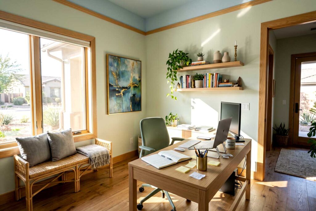 Home Office with Soft Robin's Egg Blue Ceiling and Pale Sage Green Walls-1, painted ceilings, Colored ceilings, Painted overhead spaces, Custom ceiling colors, Painted ceiling designs, Accent ceilings