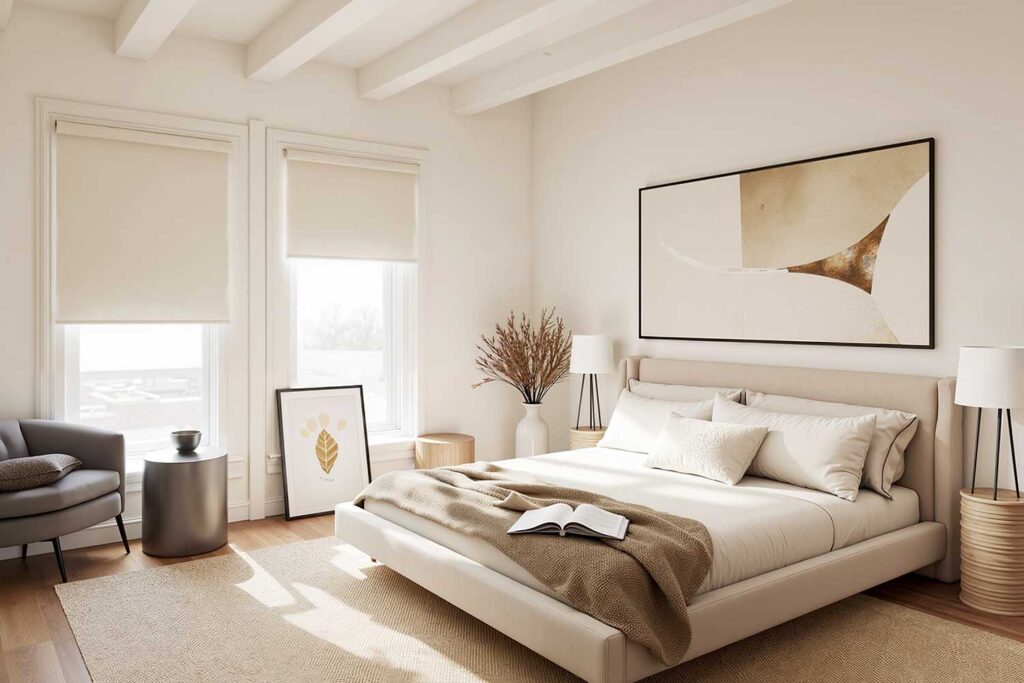 Irresistible Cream Color Drenched Bedroom with Honey Oak Floors-1, tonal paint technique, cohesive color interior, all-surface color painting, wraparound color design, floor-to-ceiling color scheme, saturated room painting, seamless color interior, whole-room color palette