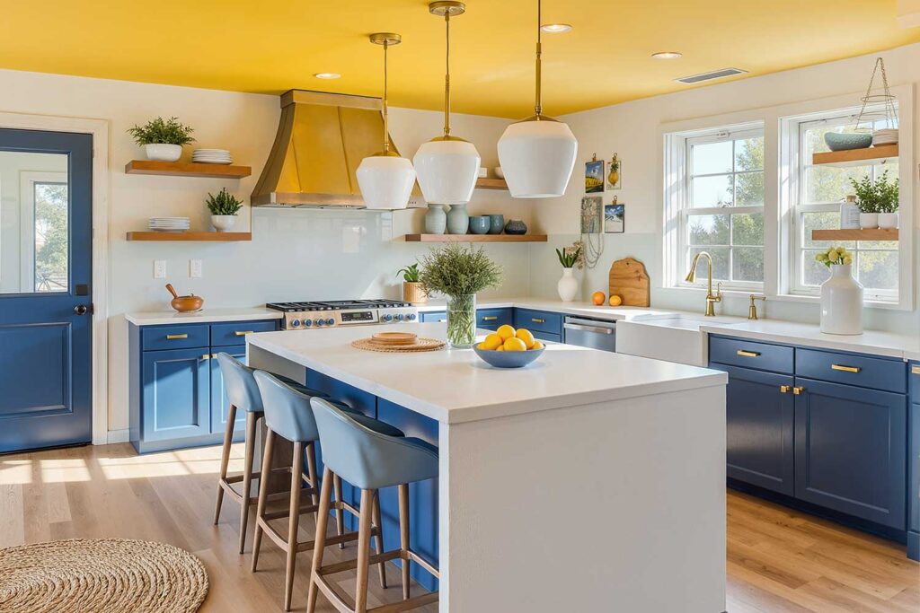 Kitchen with White Walls Slate Blue Cabinets and Bright Yellow Ceiling-3, painted ceilings, Colored ceilings, Painted overhead spaces, Custom ceiling colors, Painted ceiling designs, Accent ceilings