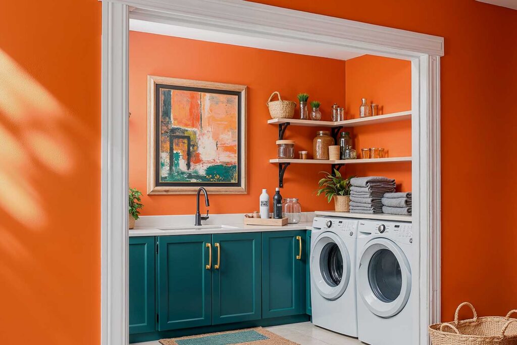 Laundry Room with Tangerine Orange Walls and Teal Cabinets-2, laundry room paint colors, laundry room color schemes, laundry room color palettes, paint colors for laundry rooms, best colors for laundry rooms, washroom paint colors, laundry space hues, laundry room paint shades