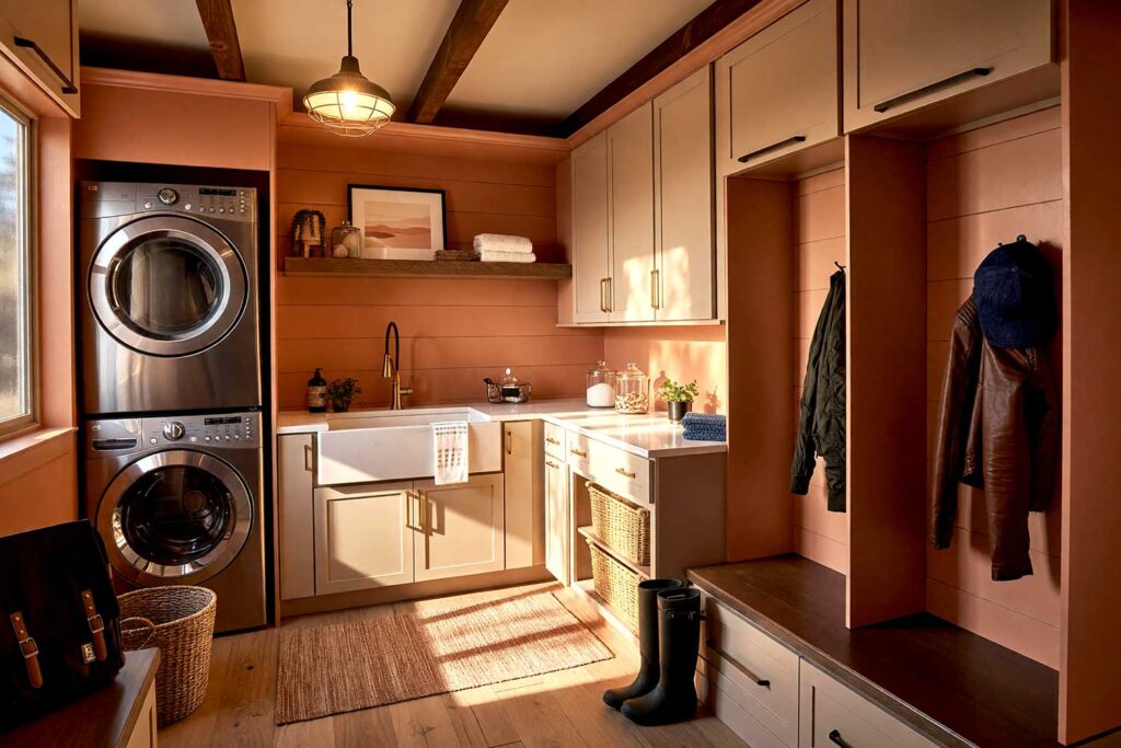 Laundry Room with Terracotta Walls and Dusty Coral Baseboards and Beige Ceiling-3, utility room paint colors, utility room color schemes, mudroom paint colors, paint colors for utility rooms, utility space color palettes, multipurpose room paint colors, workroom color schemes, utility room paint shades
