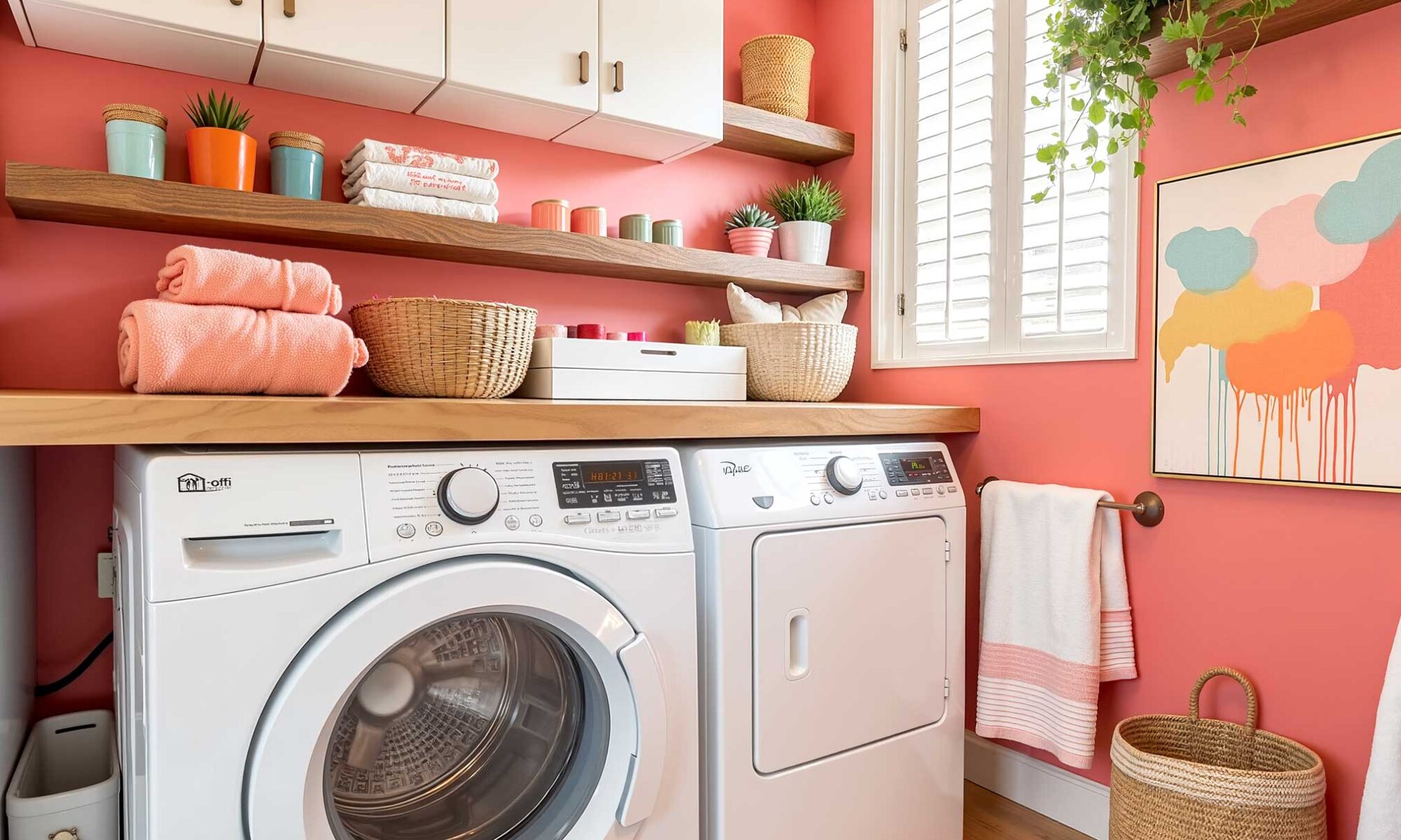 Laundry Room with Vibrant Coral Walls-7-FEATURE, laundry room paint ideas, laundry room painting inspiration, laundry room paint color inspiration, laundry room color inspiration, ideas for painting a laundry room, laundry room design ideas, washroom paint inspiration, laundry room makeover colors