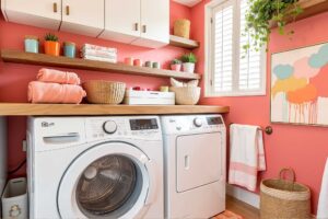 Laundry Room with Vibrant Coral Walls-7-FEATURE, laundry room paint ideas, laundry room painting inspiration, laundry room paint color inspiration, laundry room color inspiration, ideas for painting a laundry room, laundry room design ideas, washroom paint inspiration, laundry room makeover colors