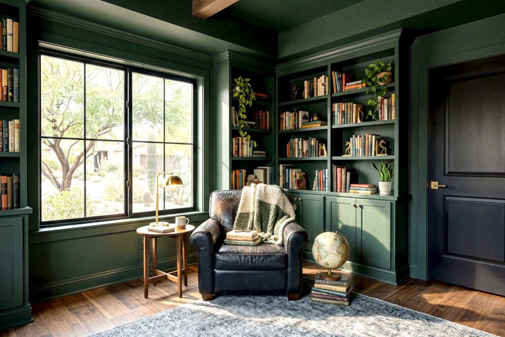 Library with Dark Forest Green Ceiling Walls and Trim and Black Accents-1, painted ceilings, Colored ceilings, Painted overhead spaces, Custom ceiling colors, Painted ceiling designs, Accent ceilings
