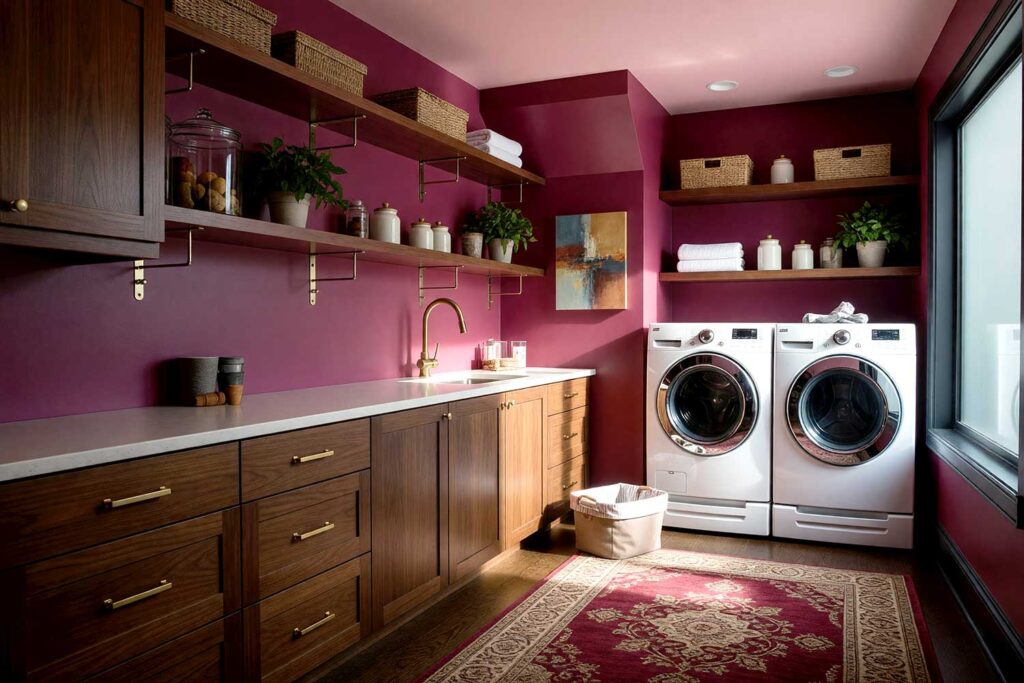 Luxurious Laundry Room with Deep Burgundy Walls and Black Trim-4, utility room paint colors, utility room color schemes, mudroom paint colors, paint colors for utility rooms, utility space color palettes, multipurpose room paint colors, workroom color schemes, utility room paint shades