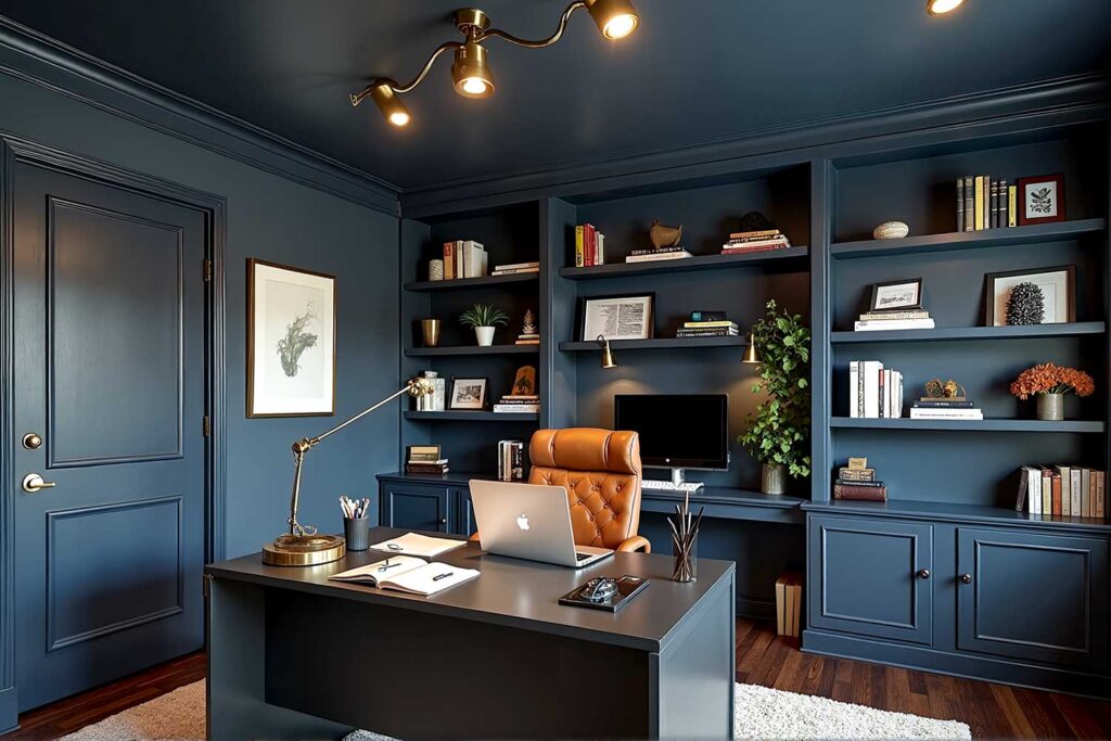 Midnight Navy Color Drenched Home Office with Dark Walnut Floors-1, color drenching interior paint, immersive interior color, all-over interior paint, enveloping color scheme, single-hue room design, full-room color saturation, unified color interior, total surface paint treatment