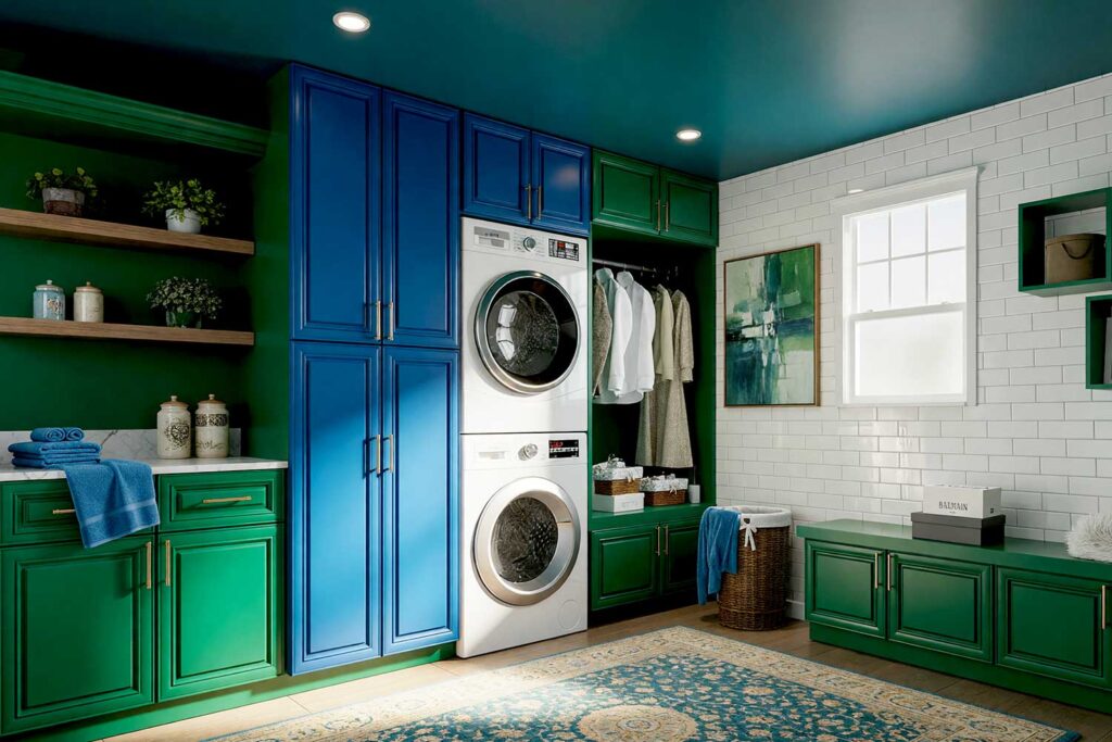 Opulent Laundry Room in Emerald Green Sapphire Blue and Teal-5, utility room paint colors, utility room color schemes, mudroom paint colors, paint colors for utility rooms, utility space color palettes, multipurpose room paint colors, workroom color schemes, utility room paint shades