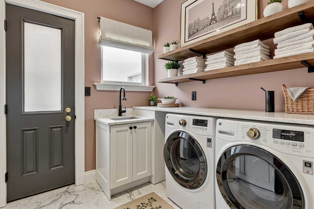 Parisian Laundry Room with Dusty Rose Walls Graphite Door and White Trim-2, utility room paint colors, utility room color schemes, mudroom paint colors, paint colors for utility rooms, utility space color palettes, multipurpose room paint colors, workroom color schemes, utility room paint shades