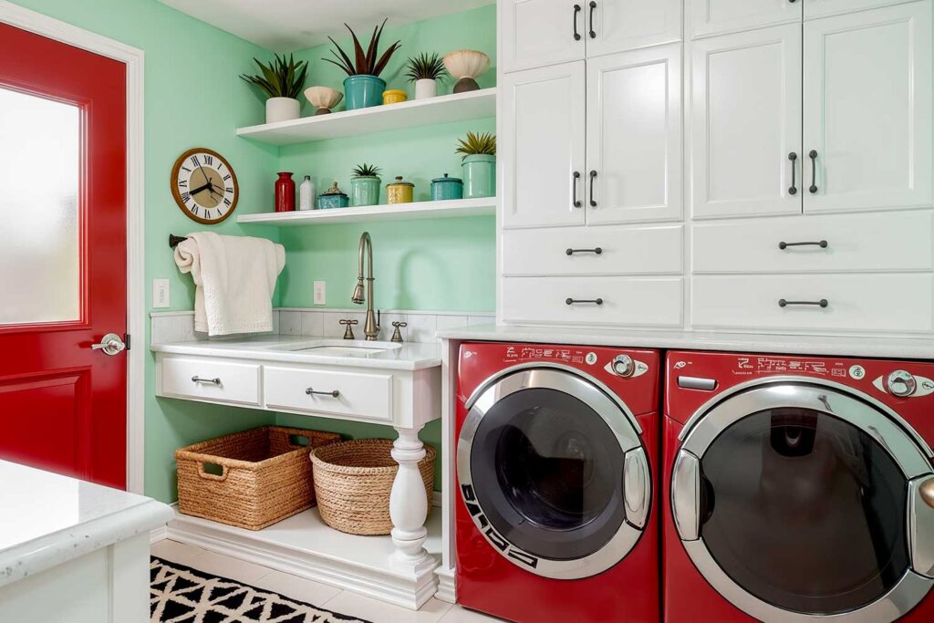 Playful Retro Laundry Room with Mint Green Walls and Cherry Red Door-2, laundry room paint ideas, laundry room painting inspiration, laundry room paint color inspiration, laundry room color inspiration, ideas for painting a laundry room, laundry room design ideas, washroom paint inspiration, laundry room makeover colors