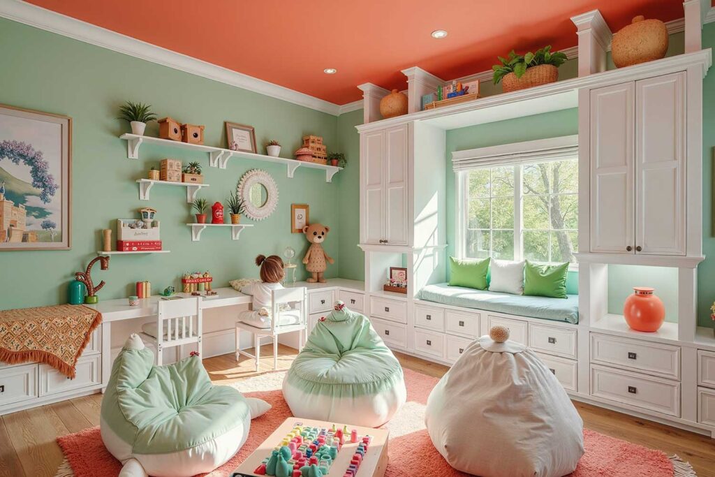 Playroom with Bright Coral Ceiling Soft Mint Green Walls and White Trim-5, painting interior ceilings, Indoor ceiling painting, Painting inside ceilings, Interior ceiling color ideas, Painting room ceilings, Updating interior ceilings with paint