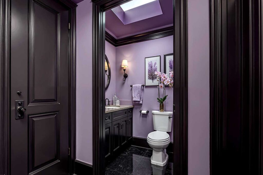 Powder Room with Purple Ceiling Soft Lavender Walls and Black Accents-3, painting interior ceilings, Indoor ceiling painting, Painting inside ceilings, Interior ceiling color ideas, Painting room ceilings, Updating interior ceilings with paint