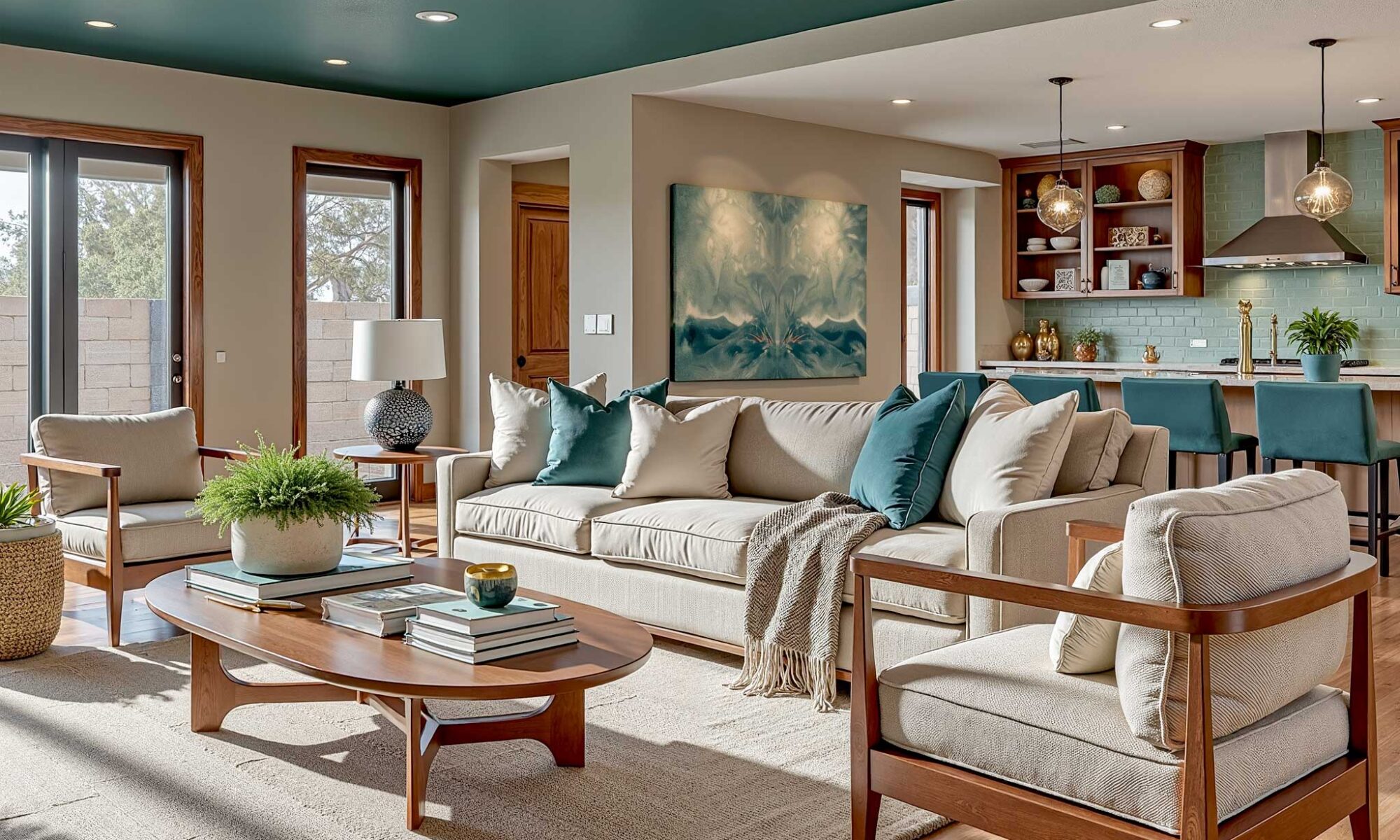 Scottsdale living room with celadon walls and deep teal ceiling-4, painting interior ceilings, Indoor ceiling painting, Painting inside ceilings, Interior ceiling color ideas, Painting room ceilings, Updating interior ceilings with paint