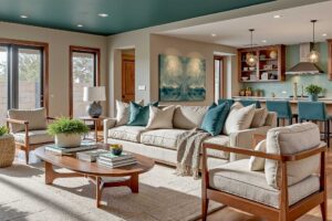Scottsdale living room with celadon walls and deep teal ceiling-4, painting interior ceilings, Indoor ceiling painting, Painting inside ceilings, Interior ceiling color ideas, Painting room ceilings, Updating interior ceilings with paint