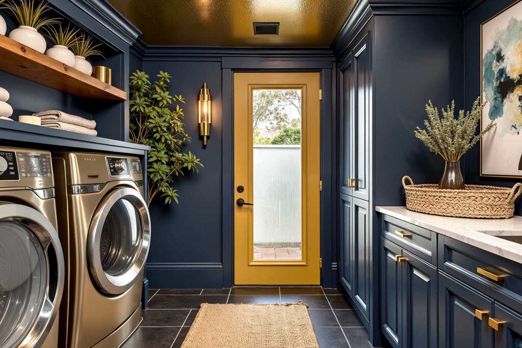 Sophisticated Laundry Room with Midnight Navy Walls and Mustard Yellow Door-9, laundry room paint ideas, laundry room painting inspiration, laundry room paint color inspiration, laundry room color inspiration, ideas for painting a laundry room, laundry room design ideas, washroom paint inspiration, laundry room makeover colors