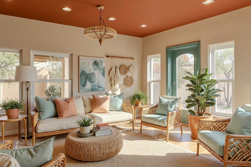 Sunroom with Rich Terracotta Ceiling Warm Sand Walls and Dusty Teal Door-1, painting interior ceilings, Indoor ceiling painting, Painting inside ceilings, Interior ceiling color ideas, Painting room ceilings, Updating interior ceilings with paint