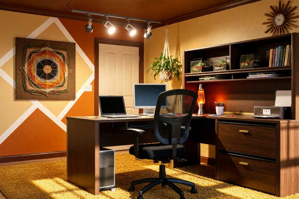 1970s Burnt Orange Geometric Home Office with Wheat Walls and Brown Ceiling-1, energizing 1970s home office with warm wheat walls burnt orange geometric accent wall chocolate brown ceiling and retro décor featuring dark wood desk string art and lava lamp dramatic sunlight in Scottsdale, classic retro colors, nostalgic home colors, throwback paint palette, retro-modern color palette, old-school color palette, nostalgic color scheme, vintage room colors, retro color revival, classic color comeback, period paint palette, retro paint palette
