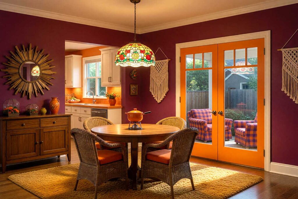 1970s Plum Dining Room Kitchen with Warm Ivory Ceiling and Tangerine Orange Doors-8, bold 1970s dining room with plum walls warm ivory ceiling tangerine orange door antique gold trim and retro décor featuring wicker chairs sunburst mirror and Tiffany light dramatic sunlight in Scottsdale, classic retro colors, nostalgic home colors, throwback paint palette, retro-modern color palette, old-school color palette, nostalgic color scheme, vintage room colors, retro color revival, classic color comeback, period paint palette, retro paint palette