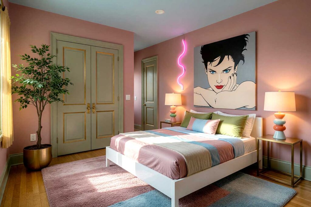 1980s Dusty Rose Bedroom with Pale Sky Blue Ceiling and Olive Green Door-6, luxurious 1980s bedroom with dusty rose walls pale sky blue ceiling olive green door antique gold trim and retro décor featuring pastel bedding Memphis ceramics and Patrick Nagel prints dramatic sunlight in Scottsdale, heritage paint colors, period-inspired paint colors, mid-century color palette, classic era paint colors, throwback color palette, vintage home color palette, retro wall colors, bygone-era paint colors, groovy color palette, 70s-inspired color palette, 80s-inspired paint colors, vintage interior color palette
