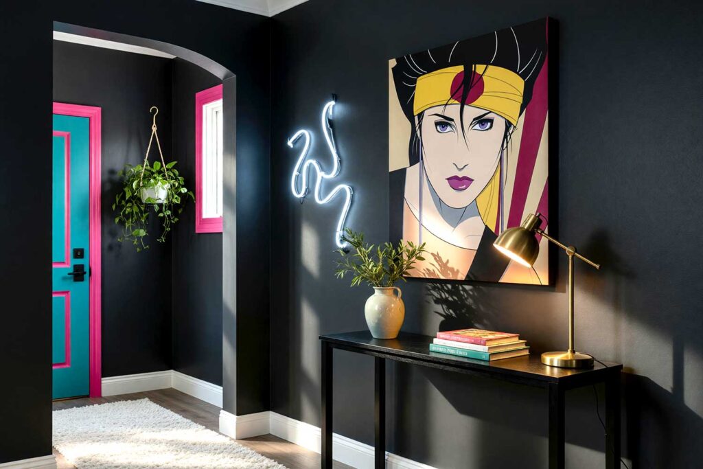 1980s Electric Teal and Neon Pink Hallway with Charcoal Gray Walls and Crisp White Ceiling, graphic 1970s hallway with charcoal gray walls electric teal door neon pink trim and retro décor featuring Patrick Nagel art neon accents and shag runner dramatic sunlight in Scottsdale, heritage paint colors, period-inspired paint colors, mid-century color palette, classic era paint colors, throwback color palette, vintage home color palette, retro wall colors, bygone-era paint colors, groovy color palette, 70s-inspired color palette, 80s-inspired paint colors, vintage interior color palette