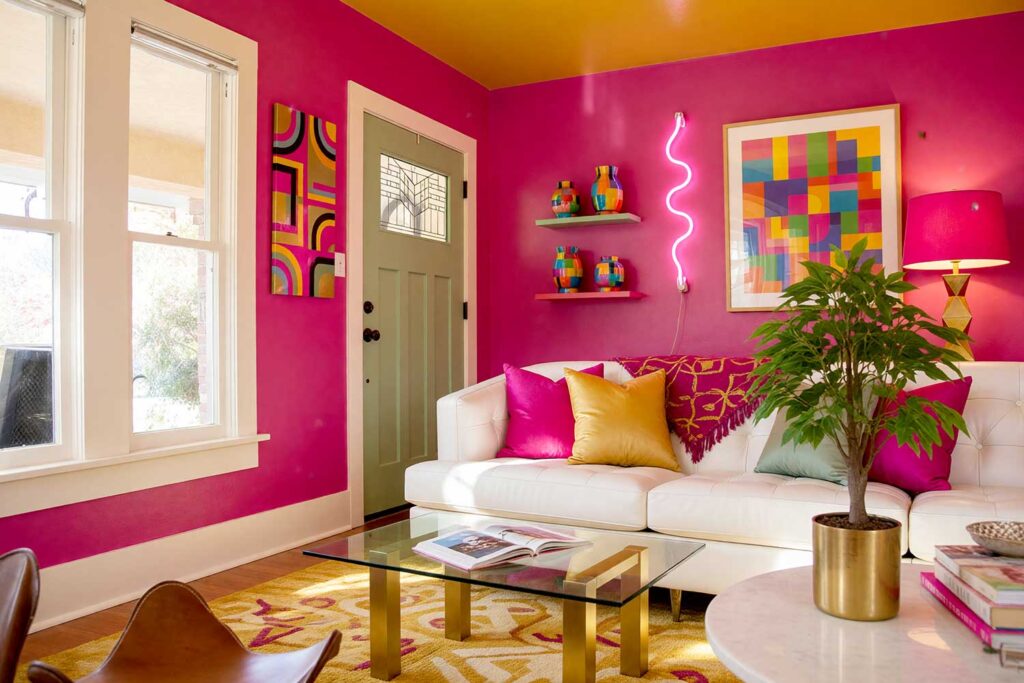 1980s Magenta and Harvest Gold Living Room with Pale Avocado Green Front Door-1, vibrant 1980s living room with deep magenta walls harvest gold ceiling sage green door warm white trim and retro décor featuring Memphis Design ceramics neon lighting and plush rug dramatic sunlight in Scottsdale, heritage paint colors, period-inspired paint colors, mid-century color palette, classic era paint colors, throwback color palette, vintage home color palette, retro wall colors, bygone-era paint colors, groovy color palette, 70s-inspired color palette, 80s-inspired paint colors, vintage interior color palette