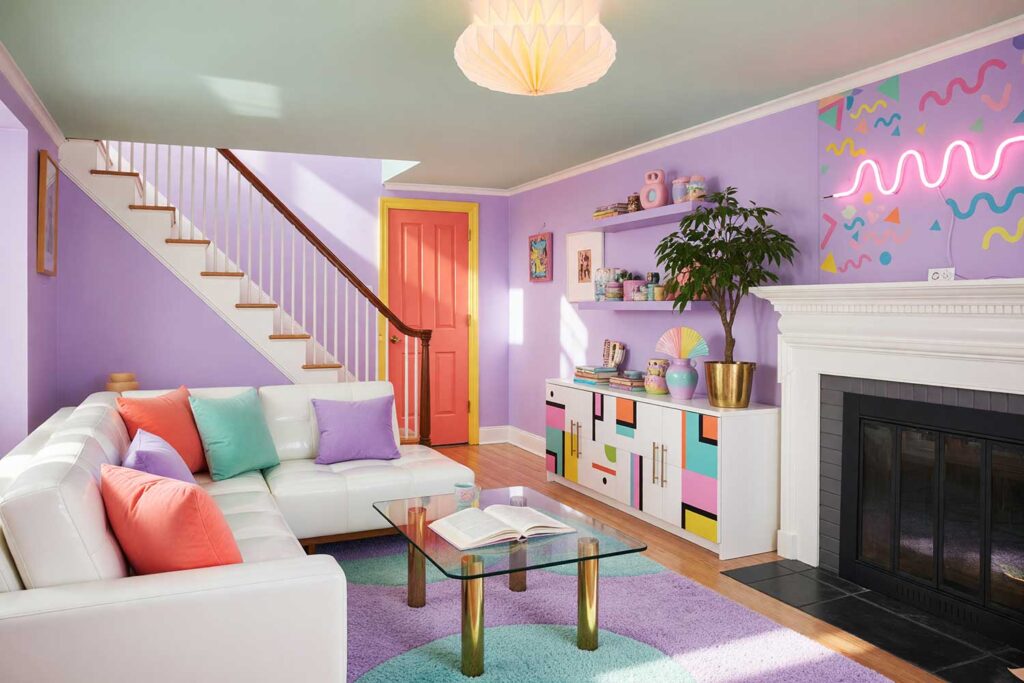 1980s Memphis Pastel Party Living Room with Lavender Walls and Pale Mint Green Ceiling-4, playful 1980s living room with soft lavender walls pale mint green ceiling coral door sunny yellow trim and Memphis décor featuring glass coffee table neon lighting and pastel ceramics dramatic sunlight in Scottsdale, heritage paint colors, period-inspired paint colors, mid-century color palette, classic era paint colors, throwback color palette, vintage home color palette, retro wall colors, bygone-era paint colors, groovy color palette, 70s-inspired color palette, 80s-inspired paint colors, vintage interior color palette