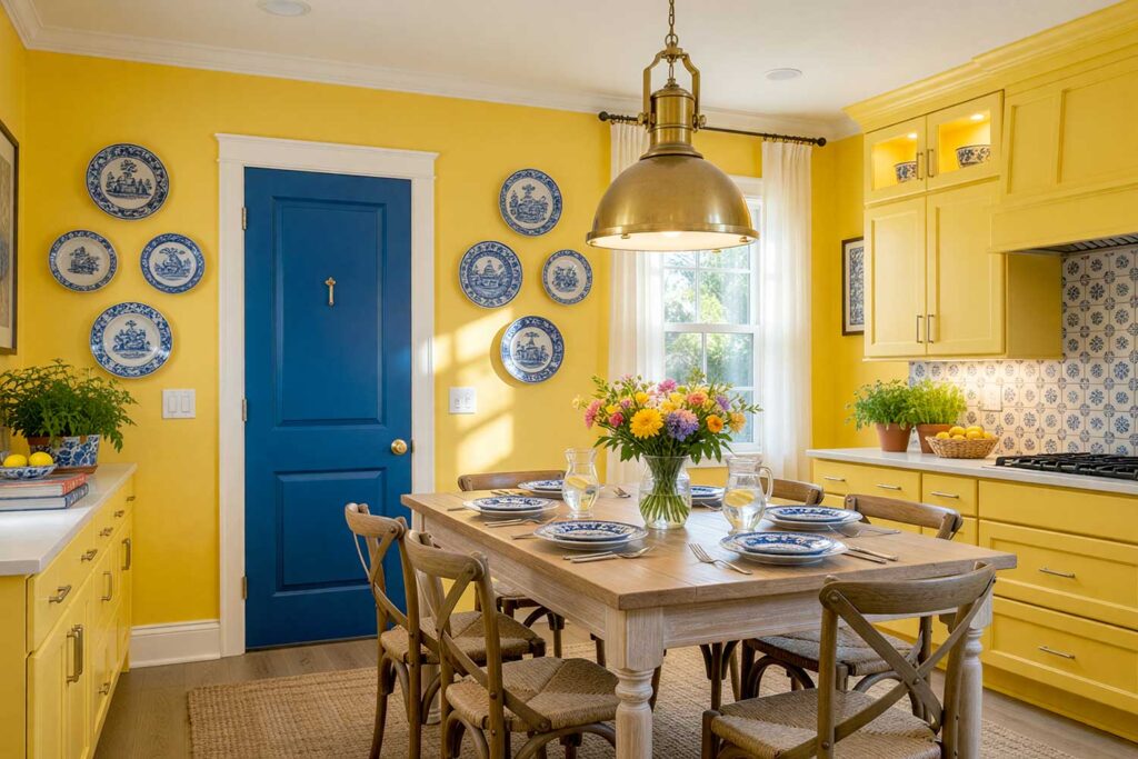 Amalfi Kitchen with Limone Yellow Walls and Bright White Ceiling and Cobalt Blue Door-5, interior color schemes, color combinations for interiors, coordinating paint colors, home painting color ideas, color palette for interior design, paint contractor interior