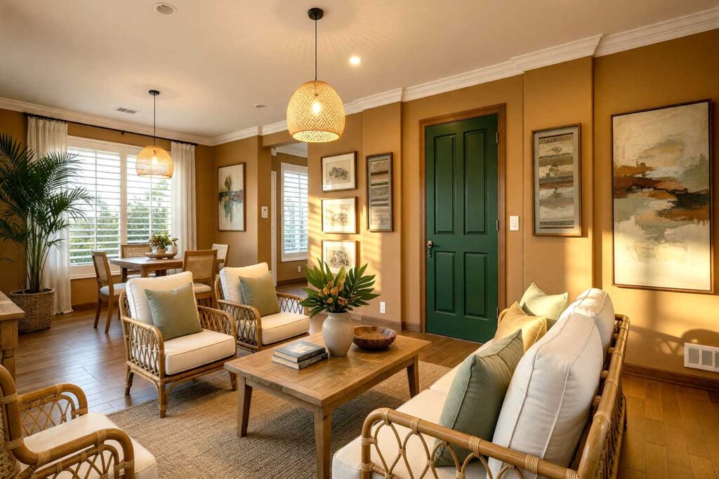 Bali Living Room with Warm Teak Walls with Warm Ivory Ceiling and Jungle Green Door-1, Bali sunrise living room with warm teak walls and deep jungle green door trim, interior color schemes, color combinations for interiors, coordinating paint colors, home painting color ideas, color palette for interior design, paint contractor interior