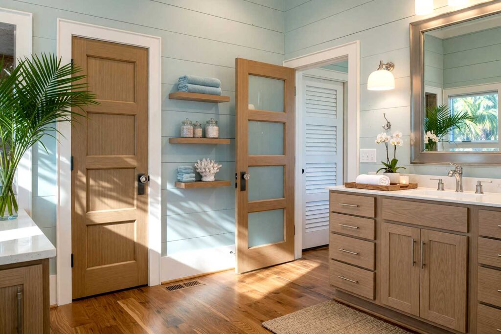 Bathroom with Lagoon Aqua Walls and Bright White Ceiling with Driftwood Door and Vanity-1, interior color schemes, color combinations for interiors, coordinating paint colors, home painting color ideas, color palette for interior design, paint contractor interior