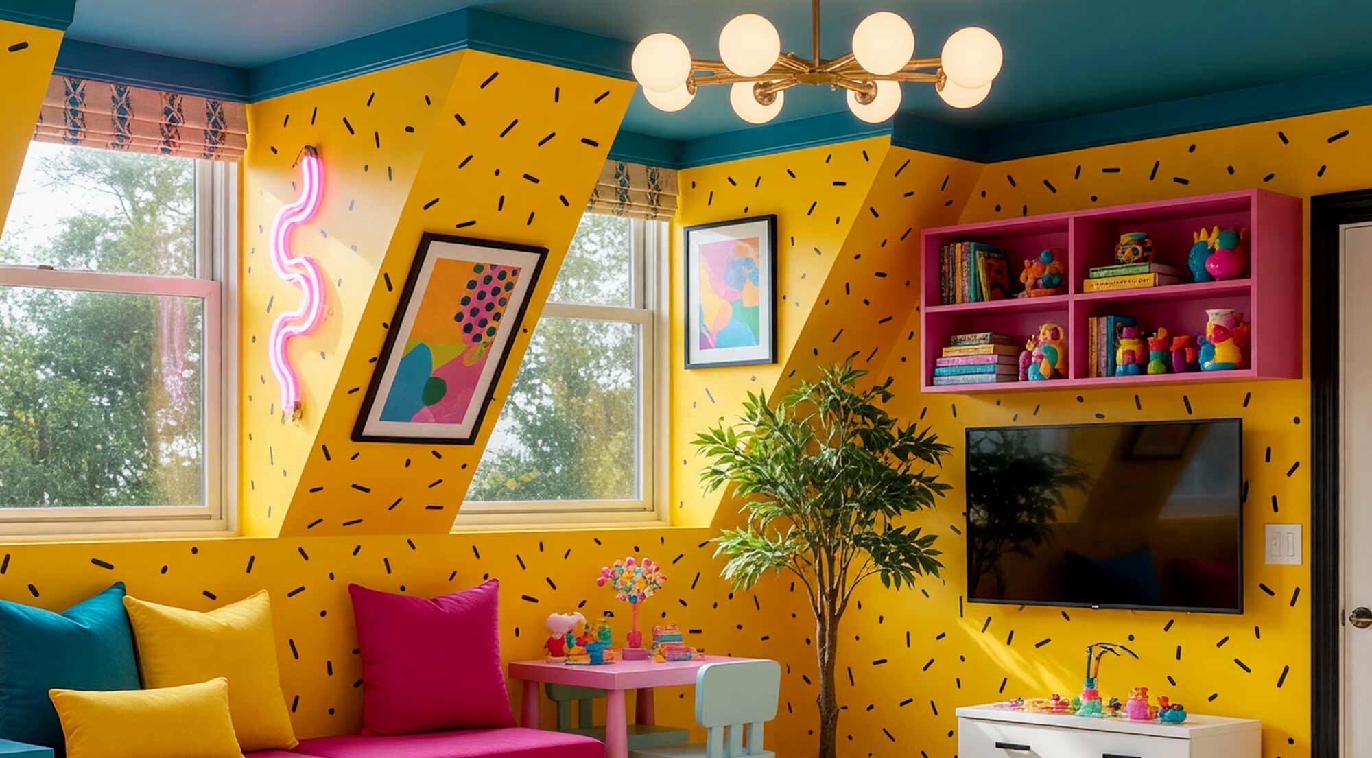 House Painting Articles: Ideas & Pro Tips from a Home Painter, Bryce House Painting, Vibrant 1980s Kid's Playroom with Sunflower Yellow Walls and Deep Teal Ceiling
