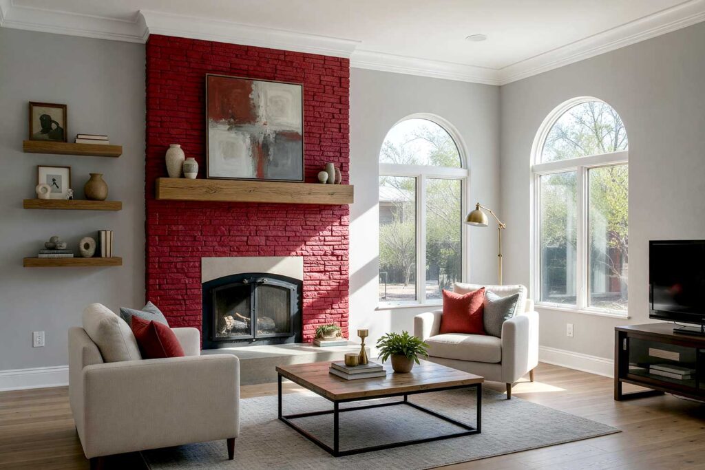Bold Living Room with Deep Red Fireplace and Neutral Gray Walls-6, transforming old-fashioned brick fireplaces, painting stone fireplace, black painted brick fireplace, white brick fireplace living room, German smear fireplace makeover, modern fireplace paint colors, best paint colors for brick fireplaces, interior stone fireplace upgrade, painted brick fireplace aesthetics, changing fireplace color, painted masonry fireplace designs, fireplace paint transformation