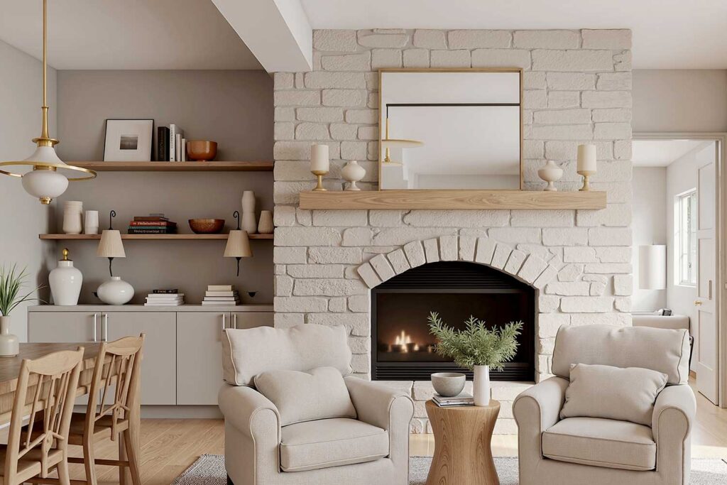 Calming Living Room with Monochromatic Taupe Fireplace and Walls-4, transforming old-fashioned brick fireplaces, painting stone fireplace, black painted brick fireplace, white brick fireplace living room, German smear fireplace makeover, modern fireplace paint colors, best paint colors for brick fireplaces, interior stone fireplace upgrade, painted brick fireplace aesthetics, changing fireplace color, painted masonry fireplace designs, fireplace paint transformation