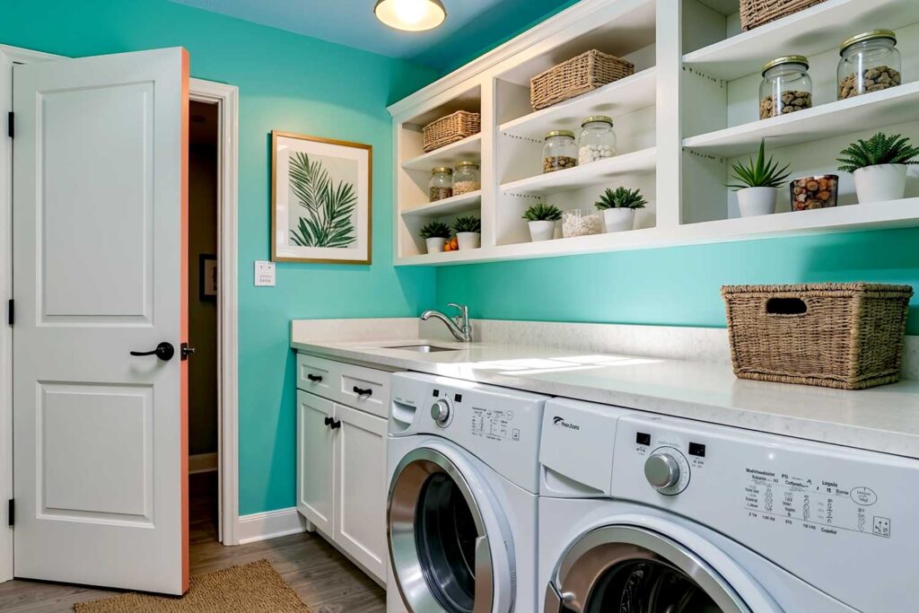 Caribbean Laundry Room Aqua Tide Walls with Soft Sky-Blue Ceiling and Coral Door Accent-5, interior color schemes, color combinations for interiors, coordinating paint colors, home painting color ideas, color palette for interior design, paint contractor interior
