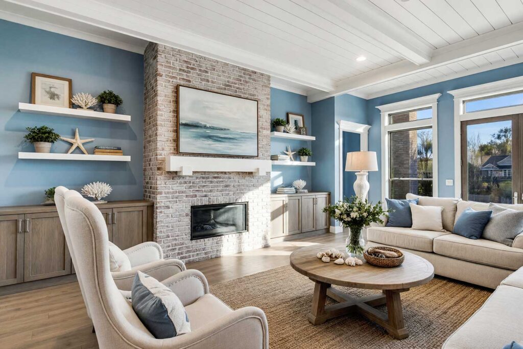 Coastal Living Room with Whitewashed Fireplace and Sea Glass Blue Walls-1, transforming old-fashioned brick fireplaces, painting stone fireplace, black painted brick fireplace, white brick fireplace living room, German smear fireplace makeover, modern fireplace paint colors, best paint colors for brick fireplaces, interior stone fireplace upgrade, painted brick fireplace aesthetics, changing fireplace color, painted masonry fireplace designs, fireplace paint transformation