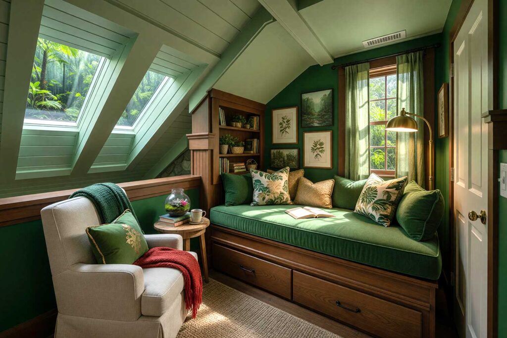 Costa Rican Jungle Reading Nook with Green Walls with Soft Fern Ceiling-3, room color palette, home color schemes, room paint color ideas, decorating color palette, interior color palette, house paint colors, color scheme ideas, paint scheme for home, interior painters Phoenix
