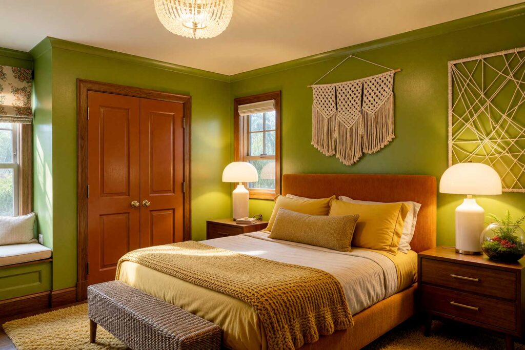 Cozy 1970s Bedroom with Avocado Green Walls and Buttery Cream Ceiling-4, cozy 1970s bedroom with avocado green walls buttery cream ceiling burnt rust door and retro décor featuring corduroy bed shag rug and macramé accents dramatic sunlight in Scottsdale, retro interior paint colors, retro color palette, nostalgic paint colors, vintage paint colors, throwback interior colors, retro-inspired interior colors, decade-inspired paint colors, vintage-inspired color scheme, old-school interior colors, retro home color palette, nostalgia-driven paint colors