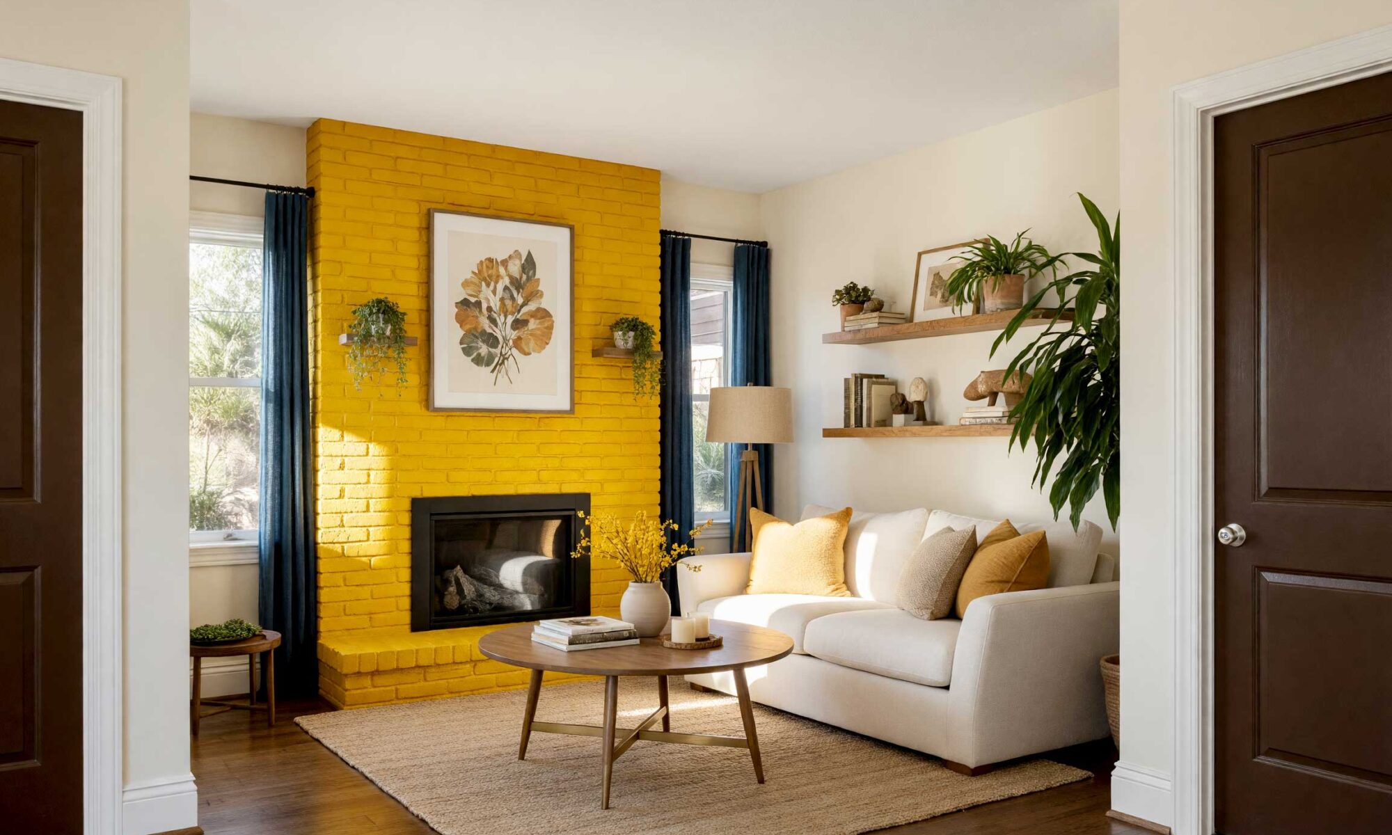 Cozy Living Room with Warm Mustard Fireplace and Cream Walls-1-FEATURE, transforming old-fashioned brick fireplaces, painting stone fireplace, black painted brick fireplace, white brick fireplace living room, German smear fireplace makeover, modern fireplace paint colors, best paint colors for brick fireplaces, interior stone fireplace upgrade, painted brick fireplace aesthetics, changing fireplace color, painted masonry fireplace designs, fireplace paint transformation