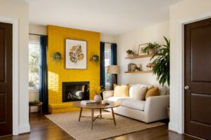 Cozy Living Room with Warm Mustard Fireplace and Cream Walls-1-FEATURE, transforming old-fashioned brick fireplaces, painting stone fireplace, black painted brick fireplace, white brick fireplace living room, German smear fireplace makeover, modern fireplace paint colors, best paint colors for brick fireplaces, interior stone fireplace upgrade, painted brick fireplace aesthetics, changing fireplace color, painted masonry fireplace designs, fireplace paint transformation