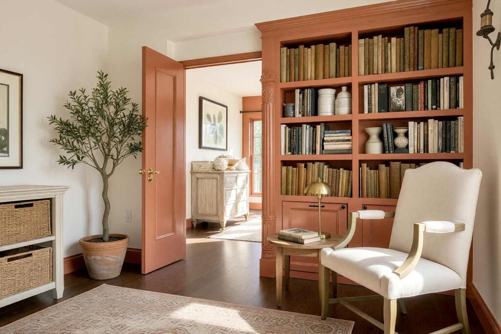 Cozy Reading Room with Aged White Walls and Dusty Terracotta Trim-1, cozy reading room aged white walls dusty terracotta trim walnut flooring Scottsdale neighborhood bold sunlight, cozy reading room aged white walls dusty terracotta trim walnut flooring Scottsdale neighborhood freshly painted inviting space with Mediterranean-inspired tones and dramatic lighting, colored baseboards, painted baseboards, door trim color ideas, crown molding colors, interior trim color ideas, trim color combinations, interior trim paint colors, non-white trim colors
