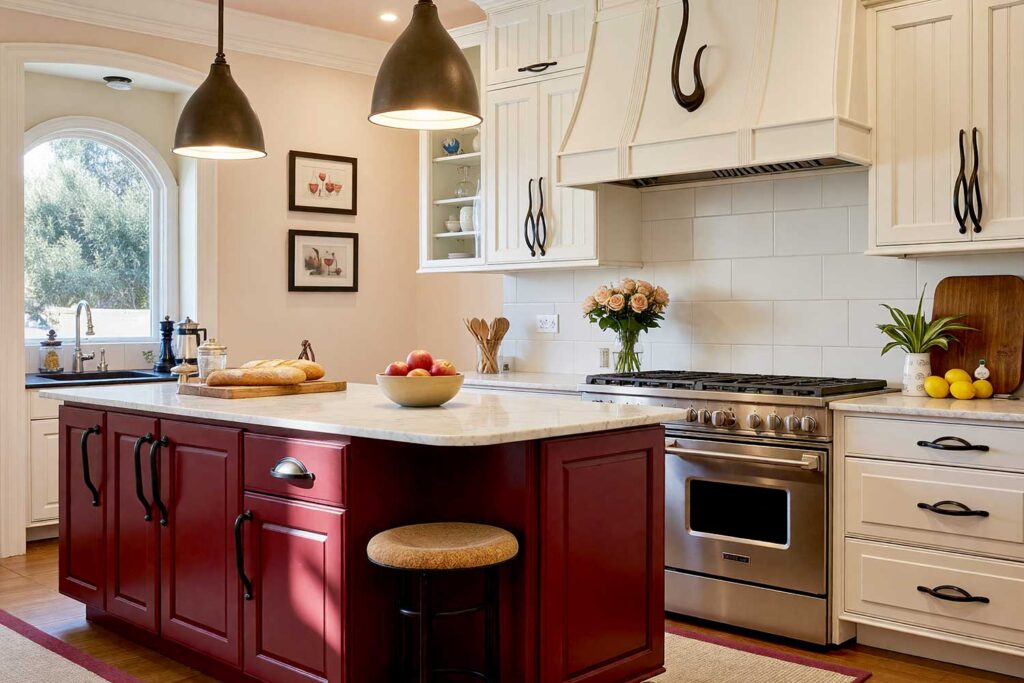 Deep Burgundy Island in a Warm White and Soft Cream Scottsdale Kitchen-2, a dramatic Scottsdale neighborhood kitchen with Shaker-style beadboard cabinets in warm white. A bold burgundy island anchors the space, accented by blush roses, red apples, and wine-themed artwork. Dynamic lighting enhances the room’s depth and warmth. The unusual handles are made of wrought iron, painted kitchen island colors, painted island colors, kitchen island colors, kitchen island painting ideas, island painting ideas, two-tone kitchen colors, kitchen accent color ideas, kitchen color ideas