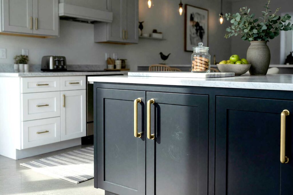 Deep Charcoal Island in a Soft Gray and White Scottsdale Kitchen-1, a modern Scottsdale neighborhood kitchen with recessed panel cabinets painted in soft gray and white, featuring a deep charcoal island. Décor includes a marble cutting board, a vase with eucalyptus branches, and a bowl of green apples. The lighting is dynamic, with bright sunlight and sharp contrasts, painted kitchen island colors, painted island colors, kitchen island colors, kitchen island painting ideas, island painting ideas, two-tone kitchen colors, kitchen accent color ideas, kitchen color ideas
