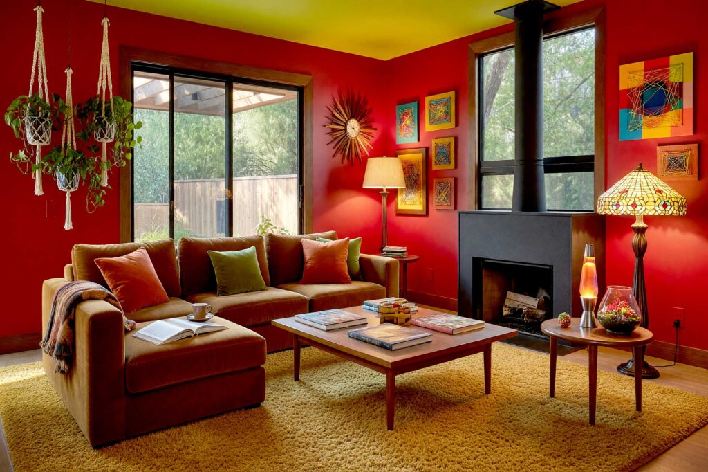 Deep Crimson 1970s Living Room with Citron Ceiling and Dark Walnut Door-1-FEATURE, bold living room with crimson walls citron ceiling dark walnut door and 1970s décor featuring modular furniture shag carpeting and terrariums dramatic sunlight in a scottsdale neighborhood, retro interior paint colors, retro color palette, nostalgic paint colors, vintage paint colors, throwback interior colors, retro-inspired interior colors, decade-inspired paint colors, vintage-inspired color scheme, old-school interior colors, retro home color palette, nostalgia-driven paint colors