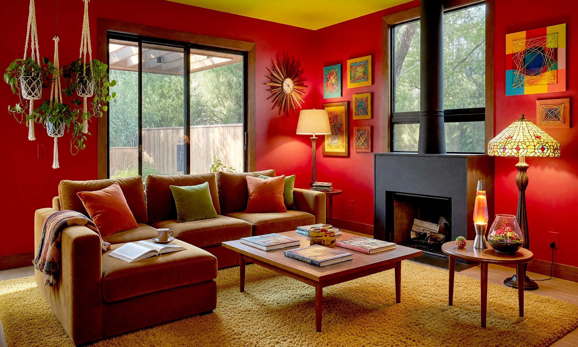 Deep Crimson 1970s Living Room with Citron Ceiling and Dark Walnut Door-1-FEATURE, bold living room with crimson walls citron ceiling dark walnut door and 1970s décor featuring modular furniture shag carpeting and terrariums dramatic sunlight in a scottsdale neighborhood, retro interior paint colors, retro color palette, nostalgic paint colors, vintage paint colors, throwback interior colors, retro-inspired interior colors, decade-inspired paint colors, vintage-inspired color scheme, old-school interior colors, retro home color palette, nostalgia-driven paint colors