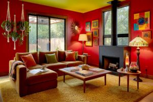 Deep Crimson 1970s Living Room with Citron Ceiling and Dark Walnut Door-1-FEATURE, bold living room with crimson walls citron ceiling dark walnut door and 1970s décor featuring modular furniture shag carpeting and terrariums dramatic sunlight in a scottsdale neighborhood, retro interior paint colors, retro color palette, nostalgic paint colors, vintage paint colors, throwback interior colors, retro-inspired interior colors, decade-inspired paint colors, vintage-inspired color scheme, old-school interior colors, retro home color palette, nostalgia-driven paint colors