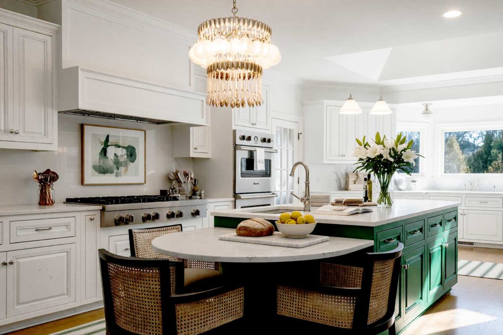 Deep Emerald Green Island in a Crisp White Scottsdale Kitchen-2, a sleek Scottsdale neighborhood kitchen with recessed panel cabinets painted in crisp white. A bold emerald green island takes center stage, accented by white lilies, lemons, and abstract artwork. Dynamic lighting creates depth and vibrancy, painted kitchen island colors, painted island colors, kitchen island colors, kitchen island painting ideas, island painting ideas, two-tone kitchen colors, kitchen accent color ideas, kitchen color ideas